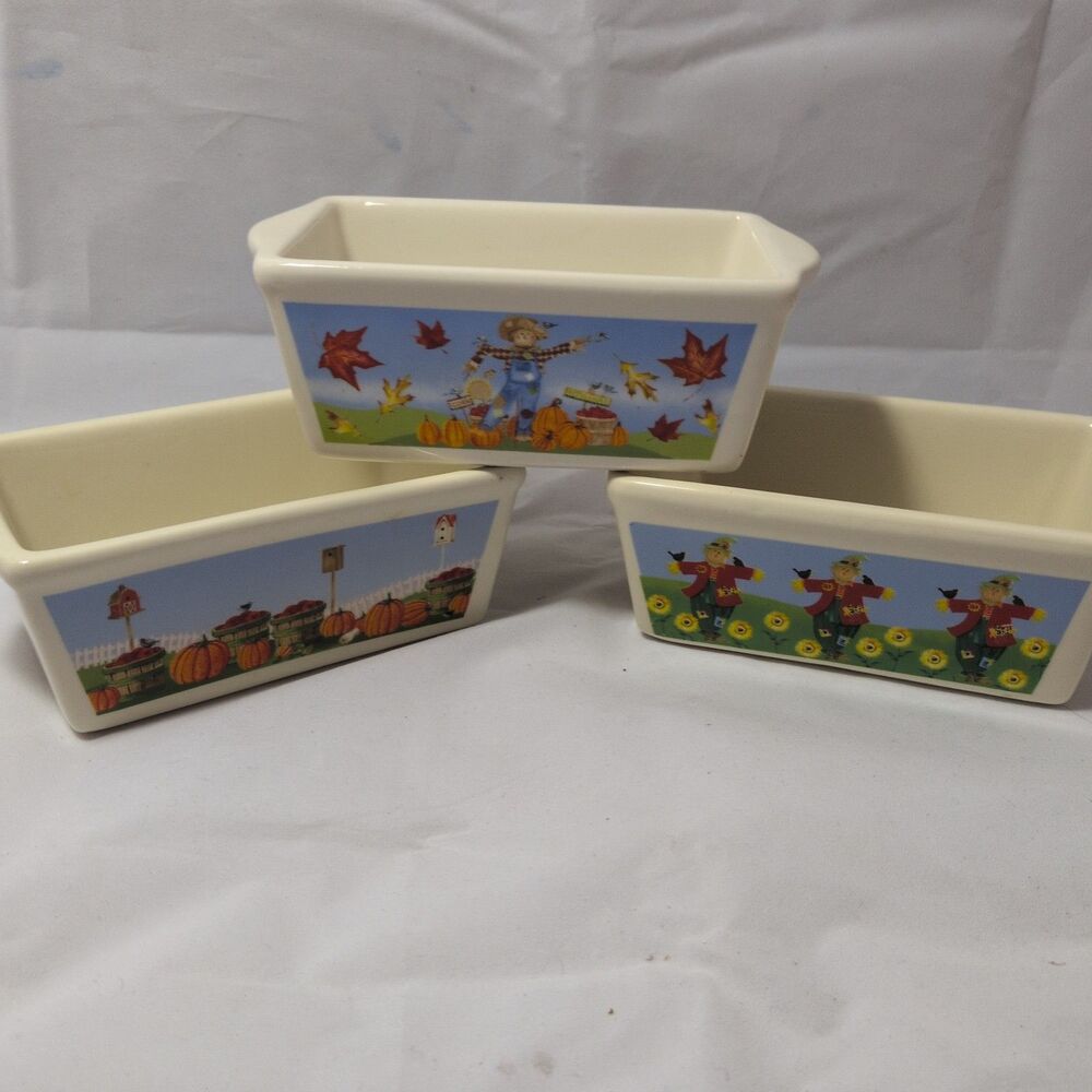 Nantucket Ceramic Small Loaf Pans  5 ins Pumpkin Scarcrow Set of 3  Fall Designs